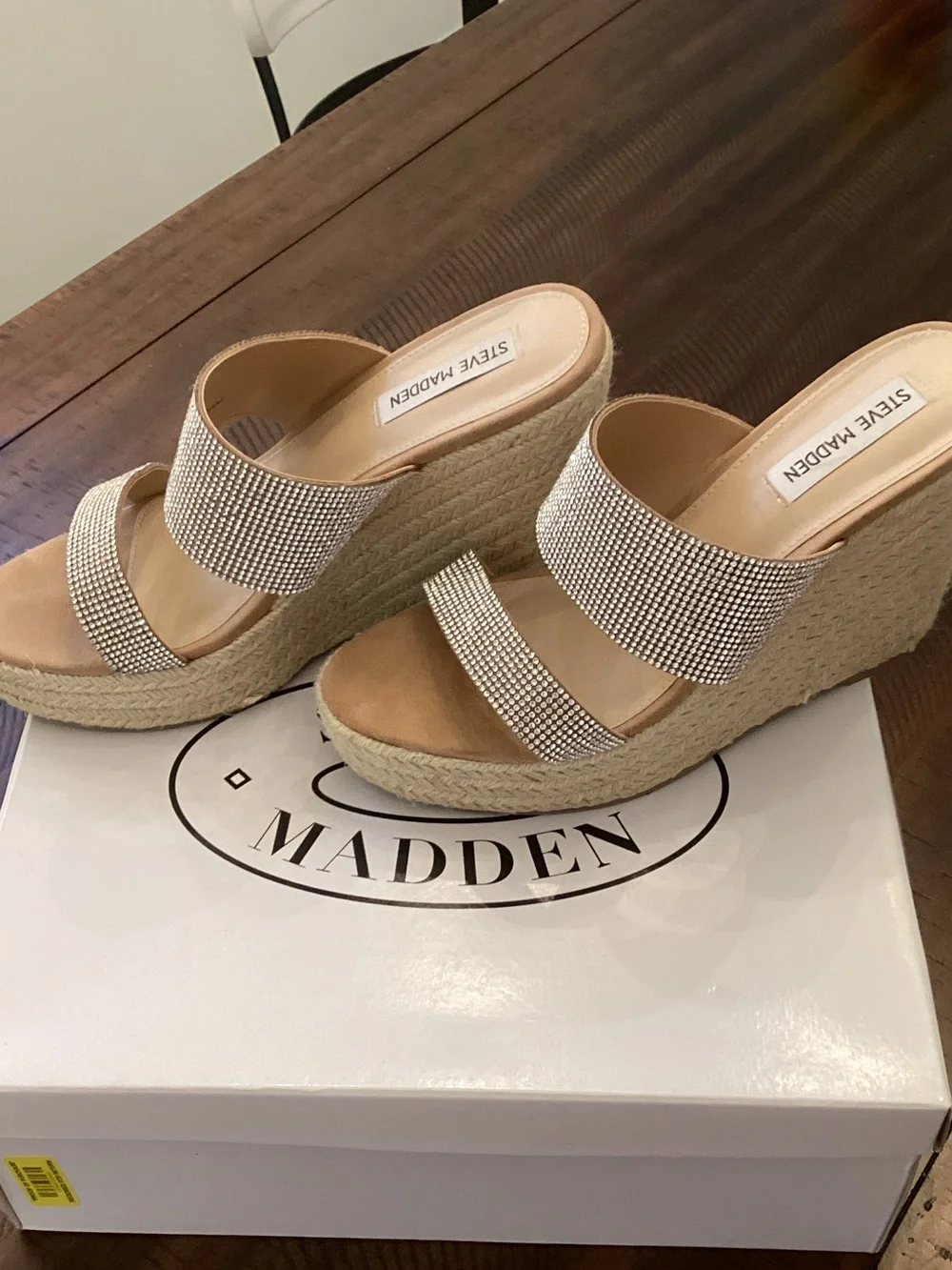 Steve Madden Beige Crystal Espadrille Wedge Sandals